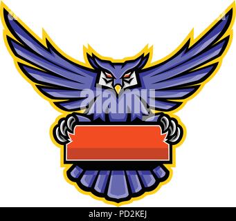Mascot icon illustration of a great horned owl with wings spread holding a banner or sign viewed from front on isolated background in retro style. Stock Vector