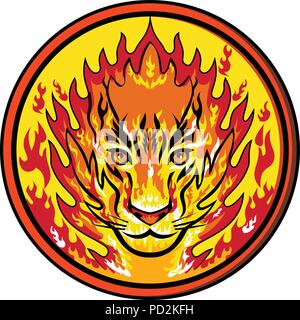 Icon retro style illustration of head of a flaming tiger that is set on fire, flames or fiery viewed from front set inside circle on isolated backgrou Stock Vector