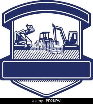 Badge icon retro style illustration of heavy equipment used in tree mulching, bush hogging and excavation services set inside shield on isolated backg Stock Vector