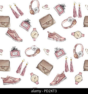 Watercolor Fashion seamless pattern. Set of trendy accessories. Bag, earrings, watches, sneakers, perfume,ring. Hand drawn illustration. Stock Photo