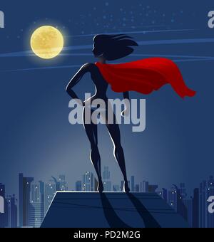 Super Girl, Superhero stands on roof of skyscraper and looks at night city. Cartoon vector illustration Stock Vector