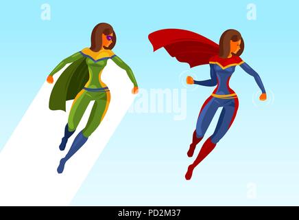 Girl superhero or Superwoman in flight. Cartoon vector illustration Stock Vector