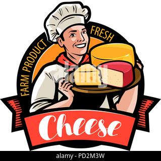 Happy chef with cheese in hand. Farm food logo or label. Vector illustration Stock Vector