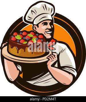 Pastry shop logo or label. Chef with cake on a tray. Cartoon vector illustration Stock Vector