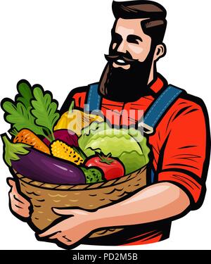 Happy farmer holding wicker basket full of fresh vegetables ...