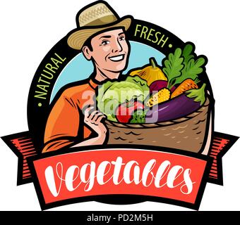 Happy farmer holding wicker basket full of fresh vegetables ...