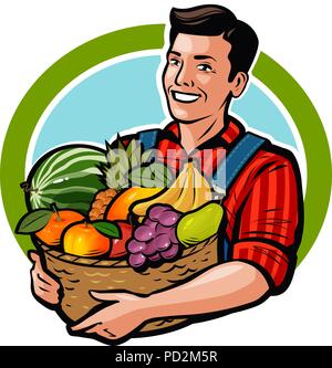 Happy farmer holding wicker basket full of fresh vegetables ...