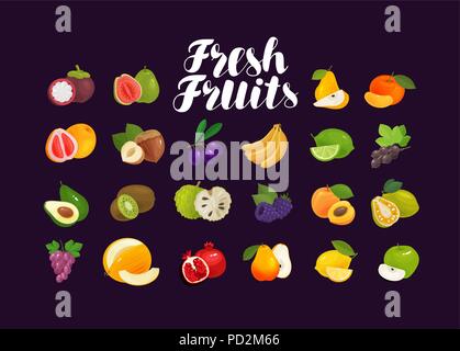 Fruits and berries, set of icons. Food, greengrocery, farm concept. Vector illustration Stock Vector