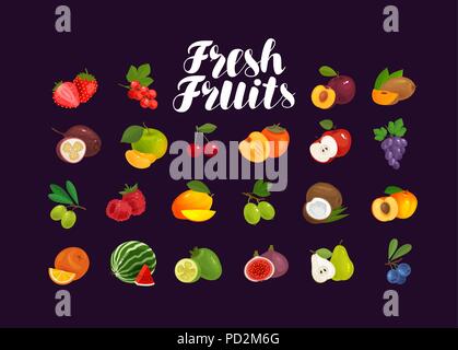 Fruits and berries, set of icons. Food, greengrocery, farm concept. Vector illustration Stock Vector