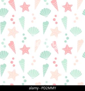 cute colorful summer seamless vector pattern background illustration with seashells and starfishes Stock Vector