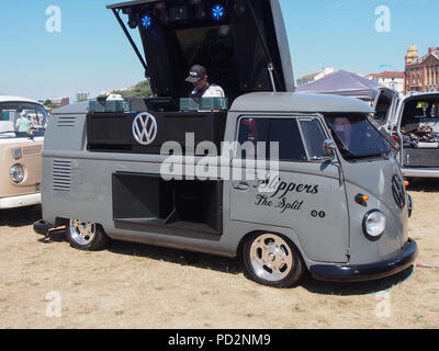A vintage split screen VW camper van converted into a mobile DJ booth Stock Photo