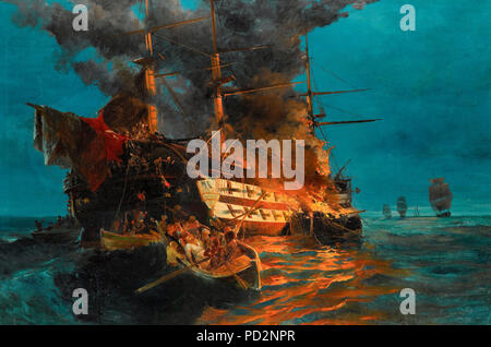The burning of a Turkish frigate by Konstantinos Volanakis Stock Photo ...