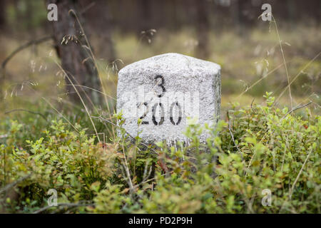 White stone pillar set in the forest. Marks of forest branches needed for field browsing. Season of the summer. Stock Photo