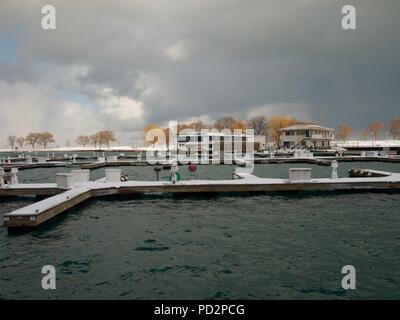 Boat Harbor on Winter Stormy Day by Lake Michigan, Chicago Stock Photo