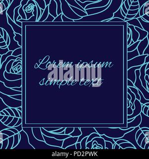 Pale blue outline vector roses on the navy blue background with square frame, copy space. Floral design for greeting card Stock Vector