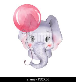 Watercolor elephant with balloon. Cute cartoon illustration, isolated on white background Stock Photo