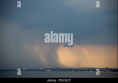 Heavy rain over Gdansk seen from Gdynia, Poland. August 1st 2018 © Wojciech Strozyk / Alamy Stock Photo Stock Photo