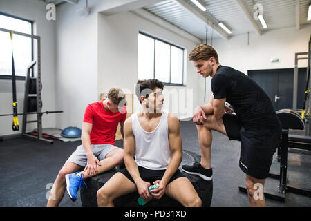 Young men in gym talking and resting after an exercise. Stock Photo