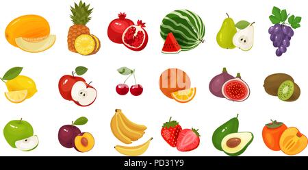 Fruits and berries, set of colored icons. Food concept. Vector illustration isolated on white background Stock Vector