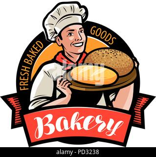 Bakery, bakehouse logo or label. Happy baker or cook with bread in hand. Vector illustration Stock Vector