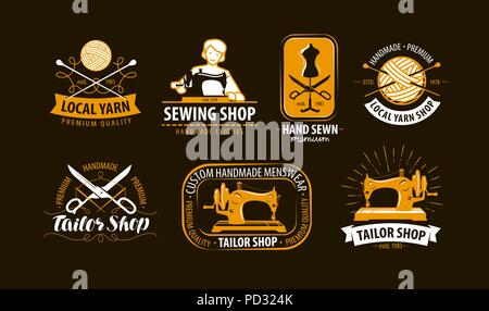Tailoring, tailor shop logo or label. Atelier, knitting symbol set. Vector illustration Stock Vector
