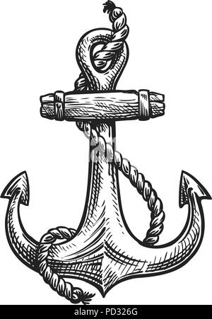 Vintage anchor with rope. Hand-drawn sketch, vector illustration Stock Vector