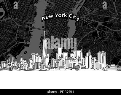 Vector drawing of New York City skyline with map. USA travel landmark. Black and white cover and background concept. Stock Vector