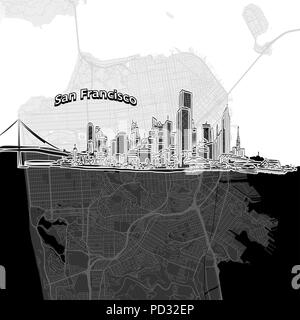 Vector drawing of San Francisco skyline with map. USA travel landmark. Black and white cover and background concept. Stock Vector