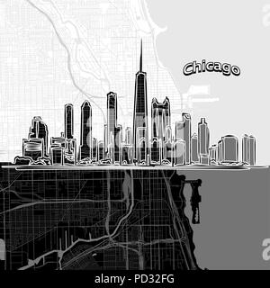 Vector drawing of Chicago skyline with map. USA travel landmark. Black and white cover and background concept. Stock Vector