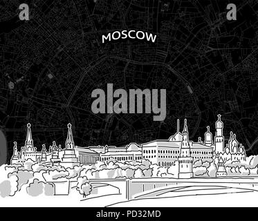 Vector drawing of Moscow skyline with map. Russia travel landmark. Black and white cover and background concept. Stock Vector