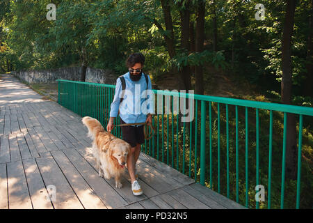 Morning walk with dog. Stock Photo