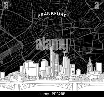 Vector drawing of Frankfurt skyline with map Germany. Black and white illustration concept. Stock Vector