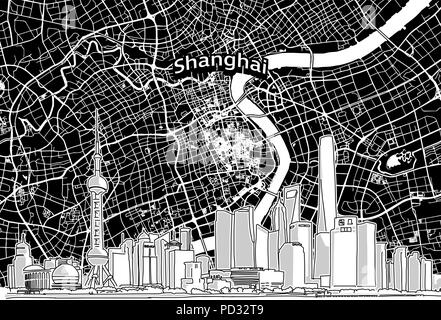 Vector drawing of Shanghai skyline with map. China travel landmark. Black and white illustration cover and background concept. Stock Vector