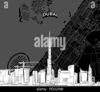 Hand drawn sketch of Dubai food. Vector drawing of skyline with map, United Arab Emitates. Black and white illustration concept. Stock Vector