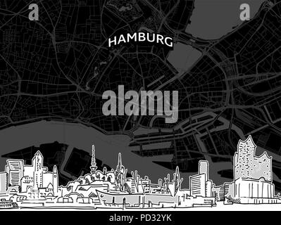 Hand drawn sketch of Hamburg food. Vector drawing of skyline with map, Germany. Black and white illustration concept. Stock Vector