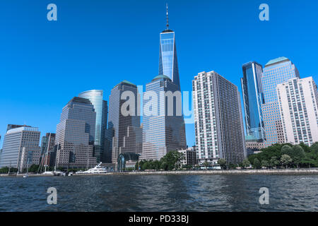 Manhattan,New York City,USA - June 30, 2018 : Skyscrapers in Lower Manhattan view from the Hudson River Stock Photo