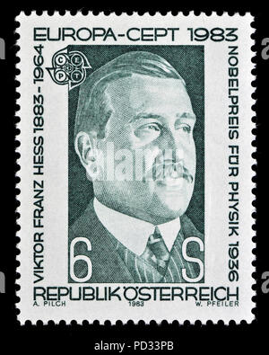 Austrian postage stamp (1983) : Victor Franz Hess (1883 – 1964) Austrian-American physicist, Nobel laureate in physics, discovered cosmic rays. Stock Photo