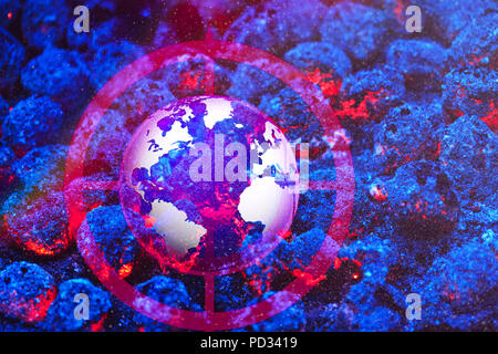 Burning globe earth in target scan. Earth planet in flames of hot charcoal. Best apocalypse or global warming. Stock Photo