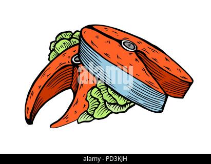 Colored Portion of fried tuna fish with greens. In the style of old engraving, vector illustration isolated on white background Stock Vector