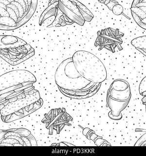 Hand drawn fast food combo seamless pattern. Comic doodle sketch style ...