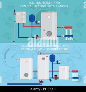 Electric boiler and central heating installations, flat heating concept, banner, logo. For web design and application interface. Vector illustration.  Stock Vector