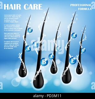 Cosmetic ads template. Hair Nourishing protect shampoo design. Hair care Shampoo for health. Shampoo with vitamins protect. Vector illustration Stock Vector
