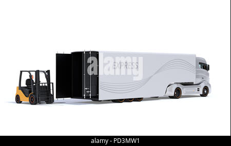 Electric semi truck and forklift isolated on white background. 3D rendering image. Stock Photo