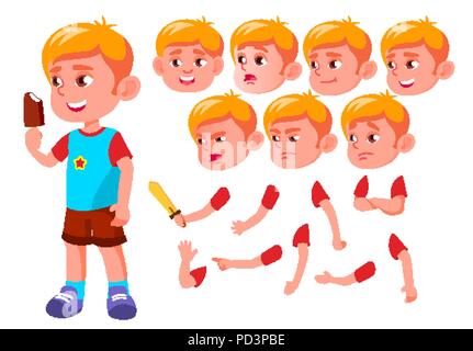 Boy, Child, Kid, Teen Vector. Leisure. Educational, Study. Face Emotions, Various Gestures. Animation Creation Set. Isolated Flat Cartoon Character Illustration Stock Vector