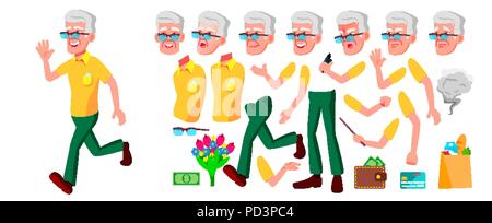 Old Man Vector. Senior Person Portrait. Elderly People. Aged. Animation Creation Set. Face Emotions, Gestures. Active Grandparent. Joy. Poster Design. Animated. Isolated Cartoon Illustration Stock Vector