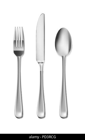 Steel Cutlery, knife, fork and spoon in realistic style. Fork and knife spoonset design isolated on white. Vector illustration Stock Vector