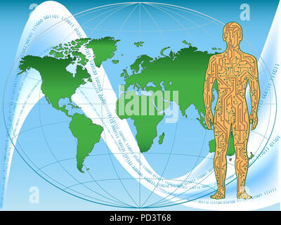 The allegorical image of the person in the form of a motherboard on a background of a card of the world. The digital world. Stock Photo