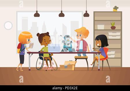Disabled African American girl in wheelchair and other children standing around desk with laptops and robot and working on school project for programming lesson. Concept of inclusion at school. Stock Vector