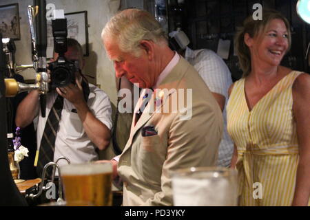 Prince Charles visits St Digain Church in Llangernyw in Wales and pops in The Old Stag pub for a quick pint, which he pours himself.  Featuring: Prince Charles Where: LLangernyw, United Kingdom When: 06 Jul 2018 Credit: WENN.com Stock Photo