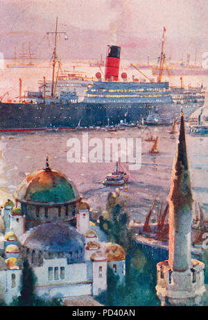 A Cunard liner lying off Constantinople, present day Istanbul, Turkey, 1920's.  From The Book of Ships, published c.1920. Stock Photo